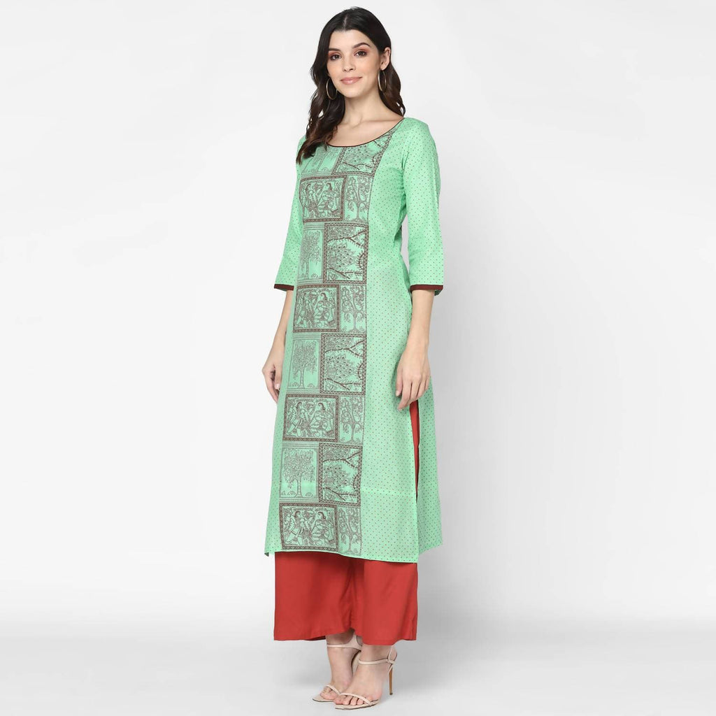 Cheera Hand Block Print Light Green & Maroon Straight Kurta With Palazzo (MAAI-090K)