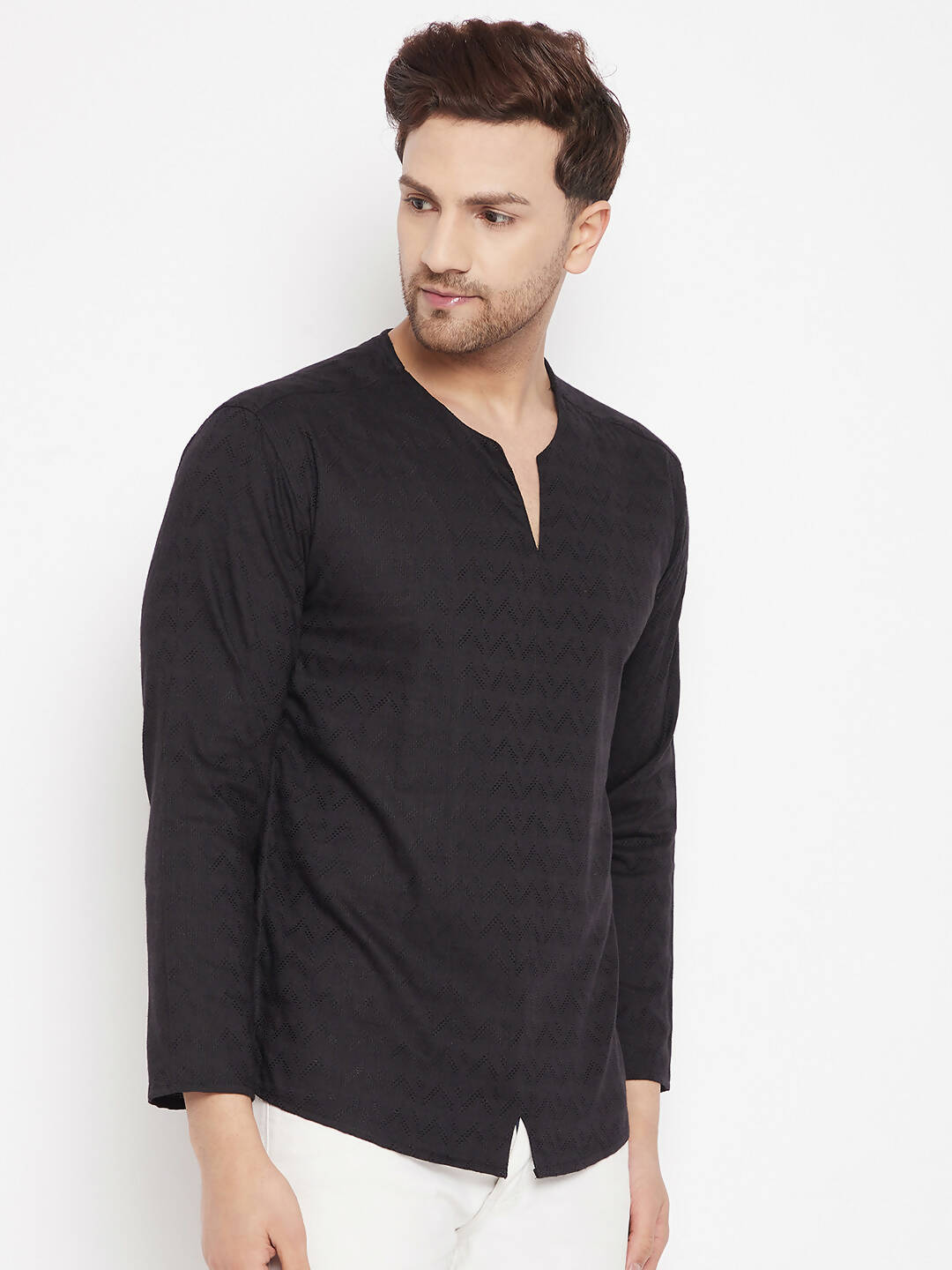 Even Apparels Black Viscose Men's Kurta With Slit Neckline