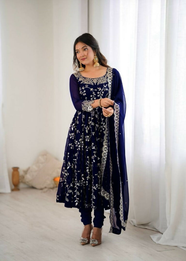 Teeya Creation Blue Color Heavy Faux Georgette Embroidery Work Gown