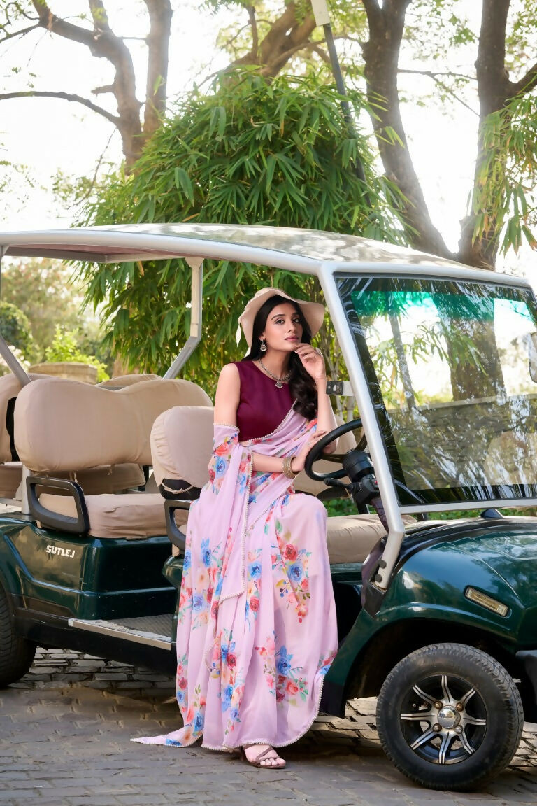 Vastranavya Baby Pink Weightless Marble Printed & Pearl Lace Border Saree with Unstitched Blouse
