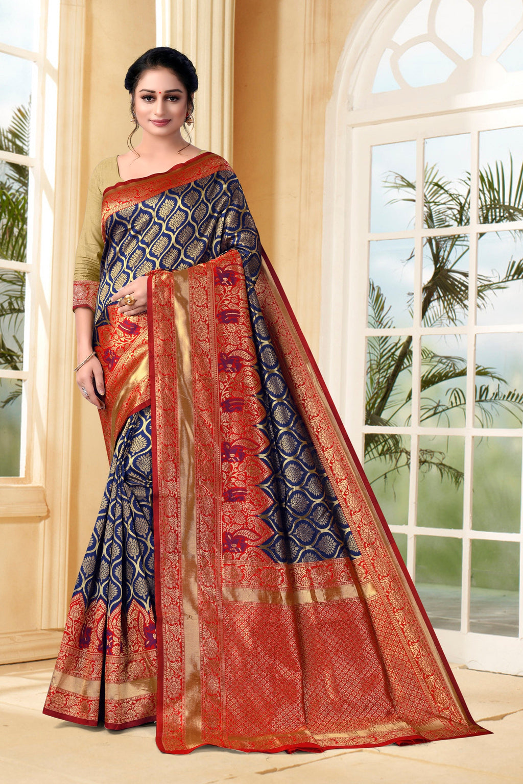 Vedant Vastram Litchi Silk Designer Banarasi Saree - Navy Blue