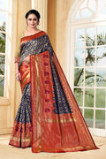 Vedant Vastram Litchi Silk Designer Banarasi Saree - Navy Blue