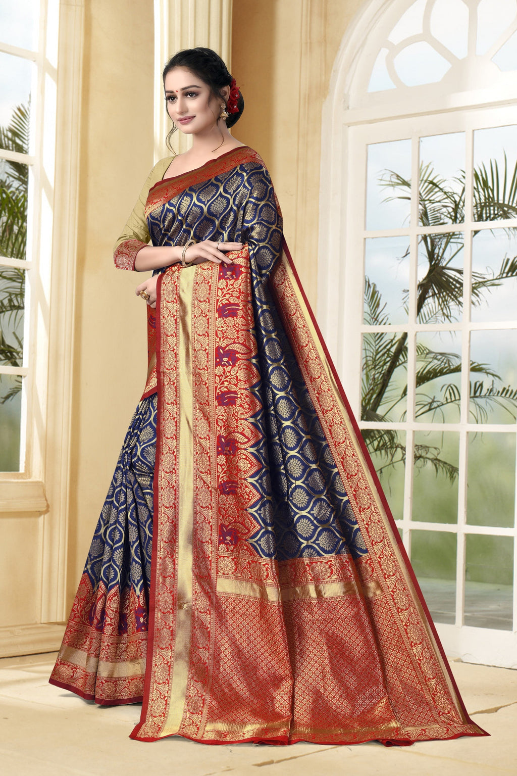Vedant Vastram Litchi Silk Designer Banarasi Saree - Navy Blue