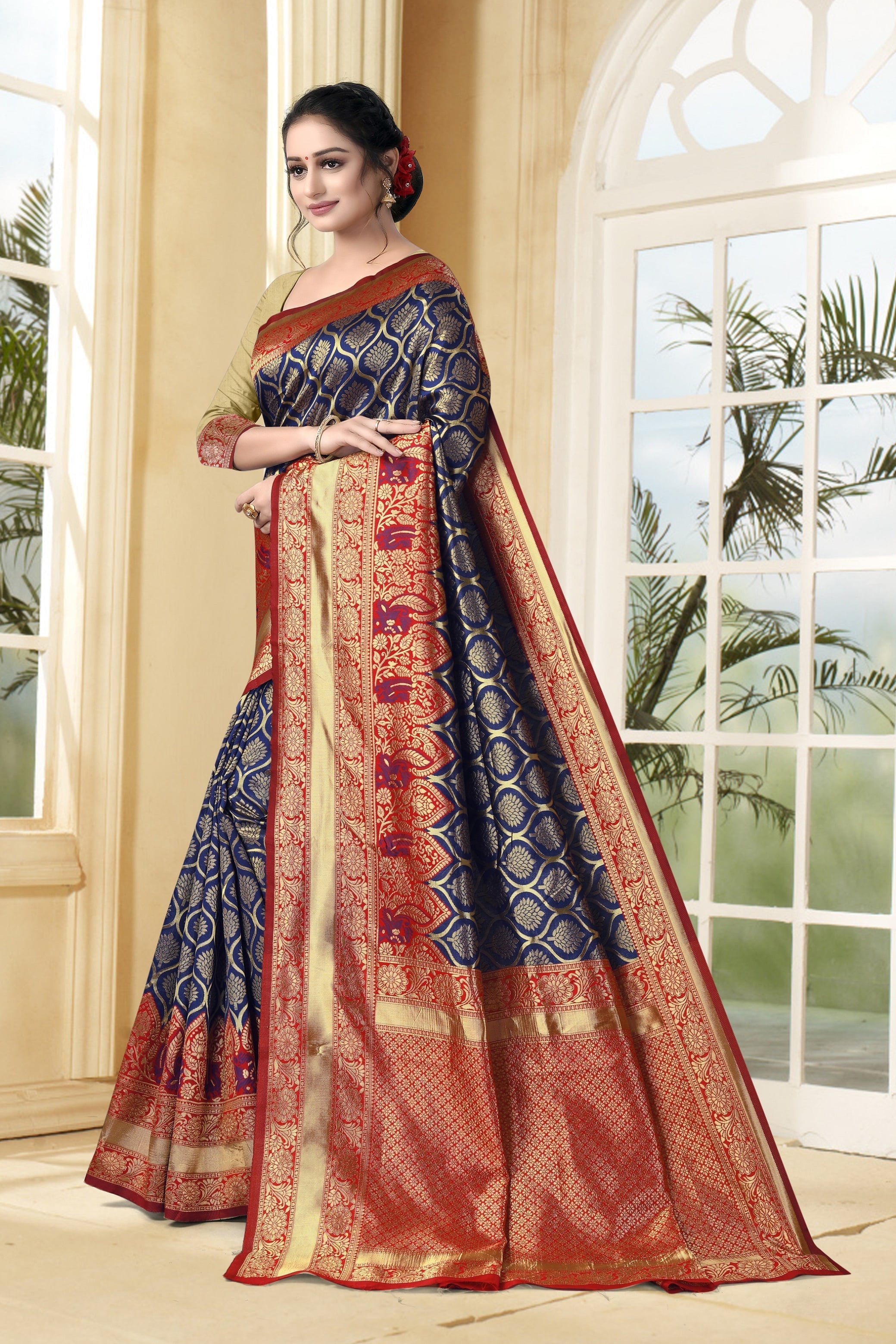 Vedant Vastram Litchi Silk Designer Banarasi Saree - Navy Blue