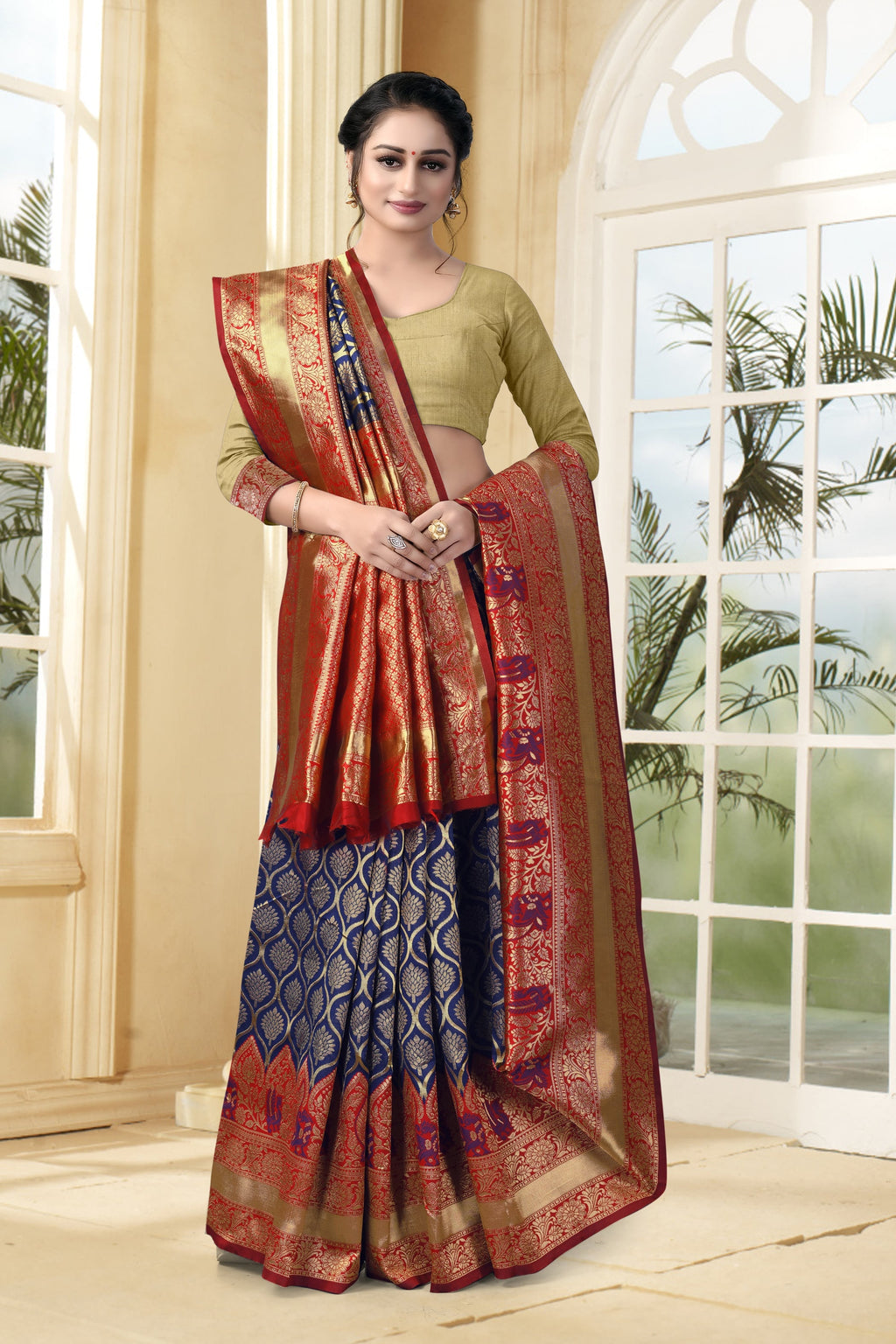 Vedant Vastram Litchi Silk Designer Banarasi Saree - Navy Blue