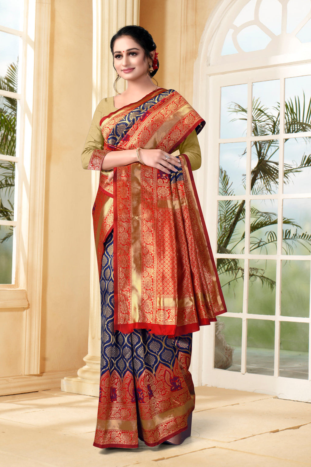 Vedant Vastram Litchi Silk Designer Banarasi Saree - Navy Blue