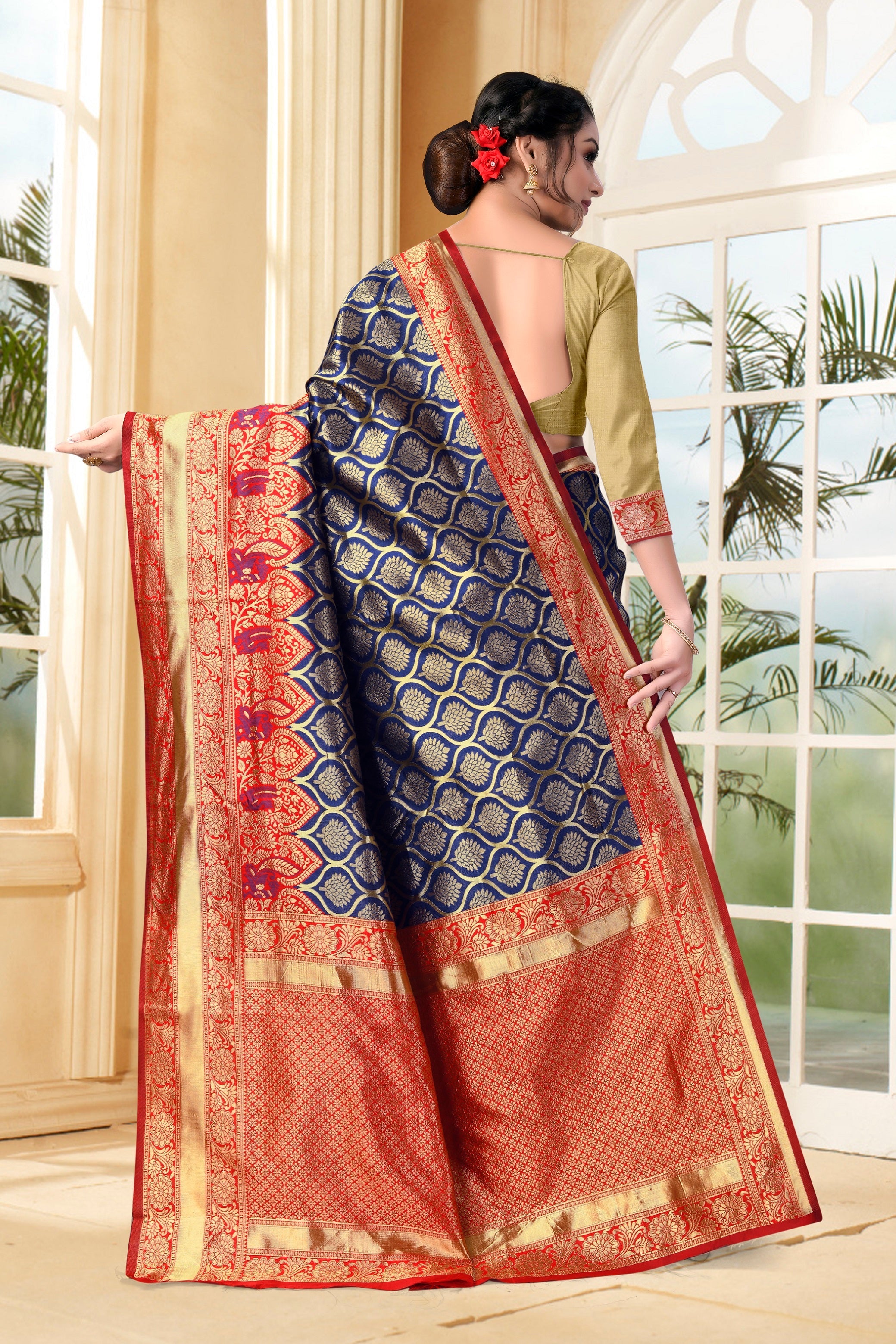 Vedant Vastram Litchi Silk Designer Banarasi Saree - Navy Blue