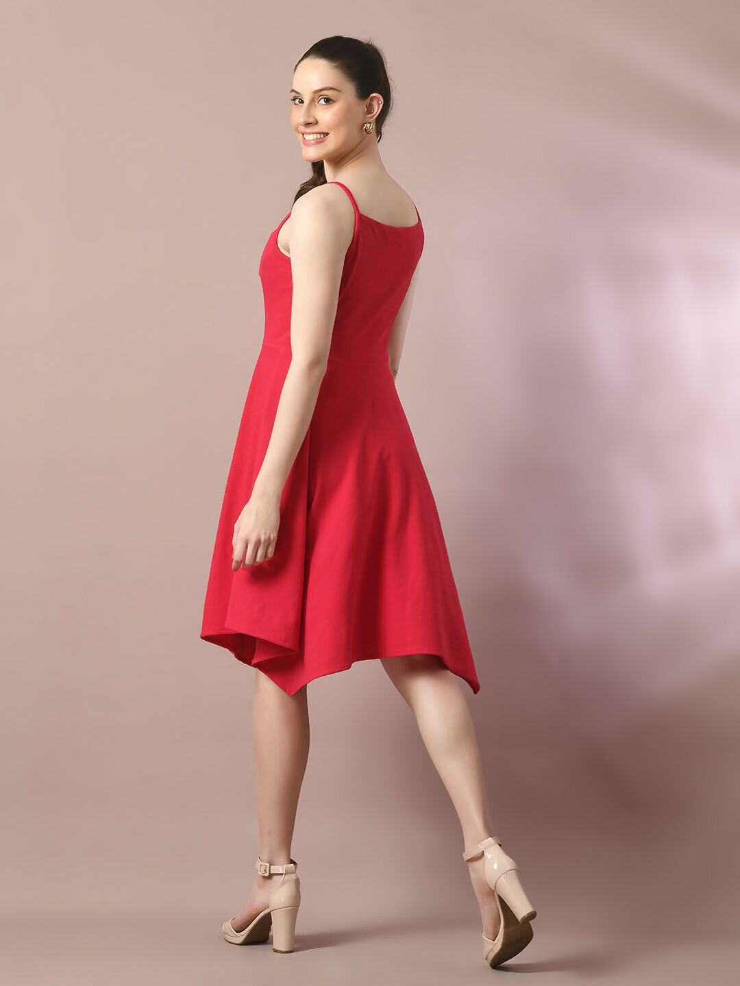 Myshka Women's Pink Solid Shoulder Straps Fit and Flare Party Dress