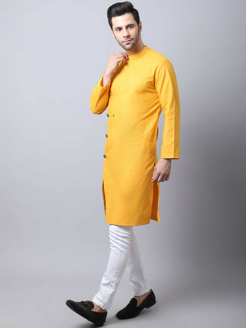 Even Apparels Yellow Pure Cotton Sherwani Kurta With Asymetrical Cut