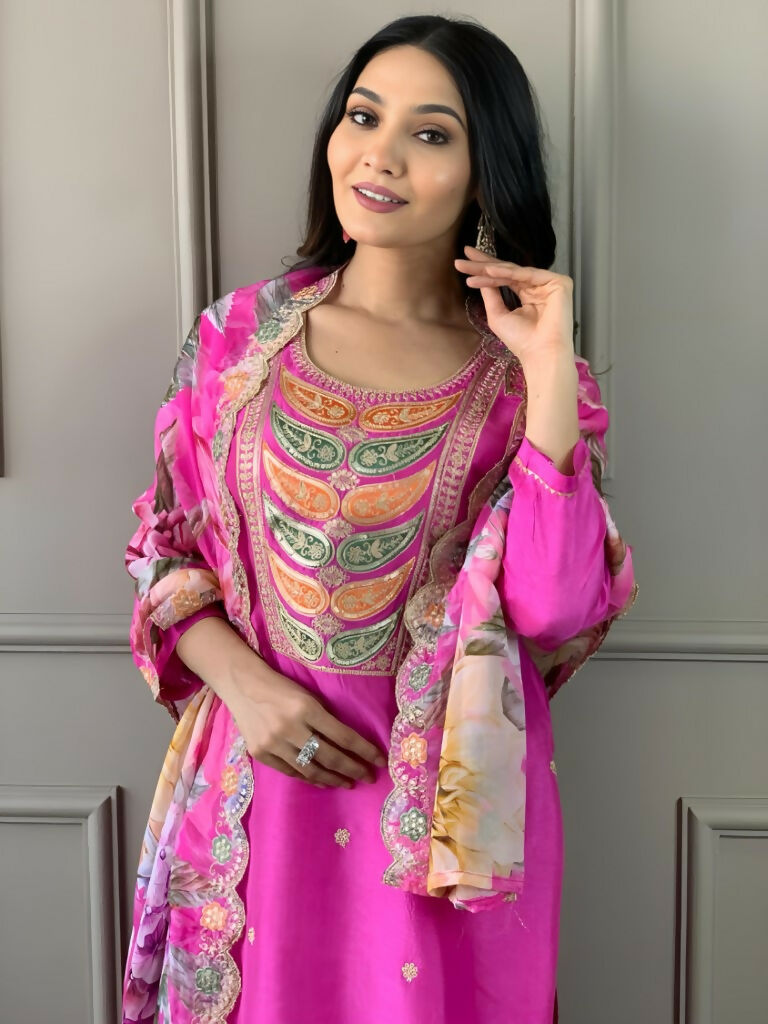 Partywear Designer Viscose Chanderi Pink Stitched Suit With Dupatta - Tanisha