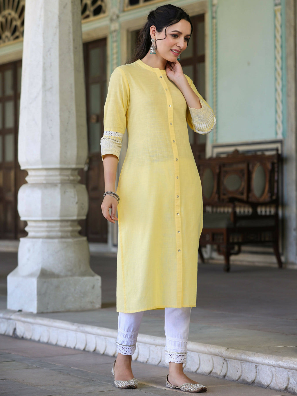 Juniper Women's Yellow Cotton Slub Embroidered Straight Kurta