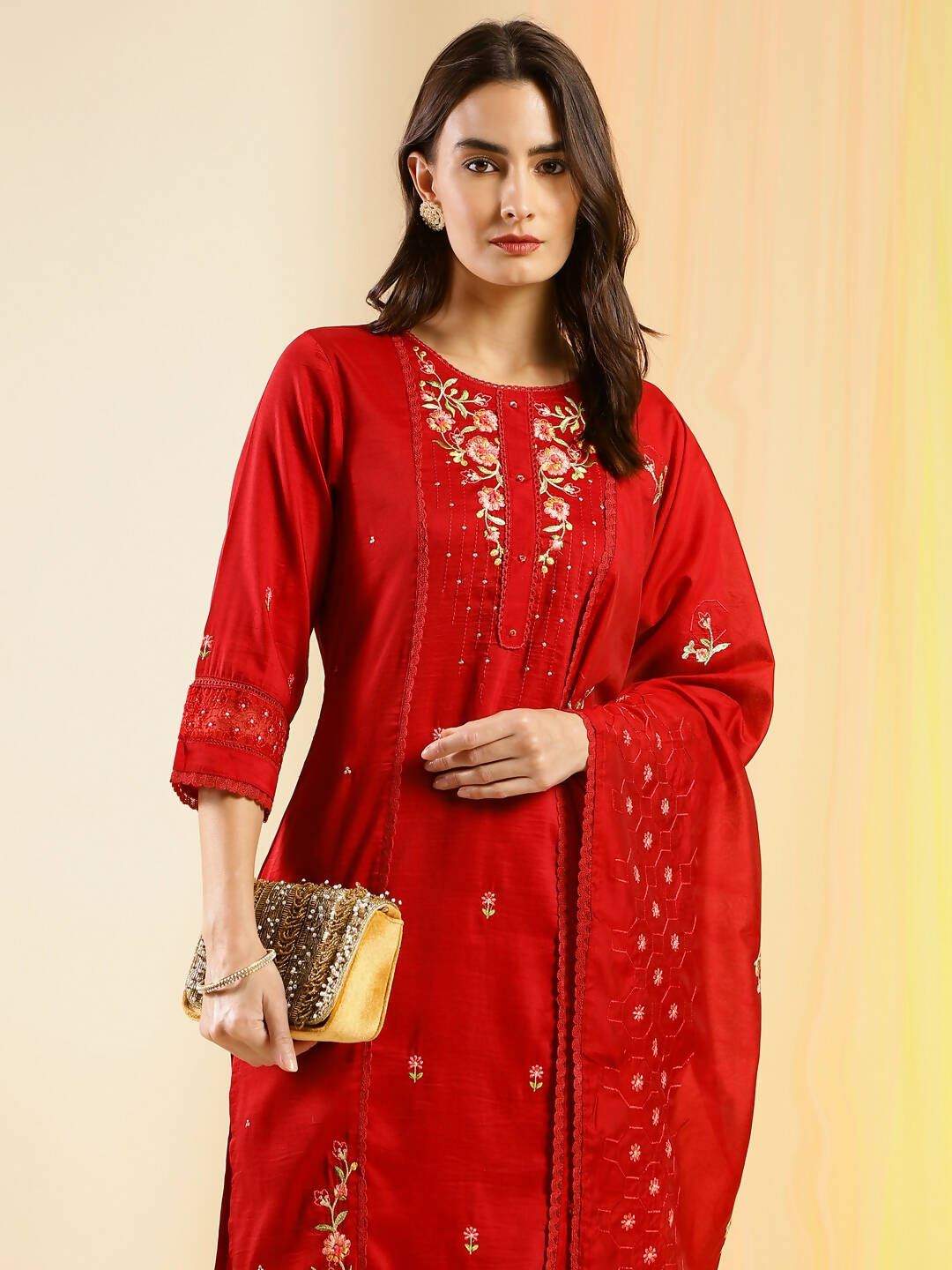 Red Chinon Embroidered Straight Kurta with Trouser & Dupatta - Salimar