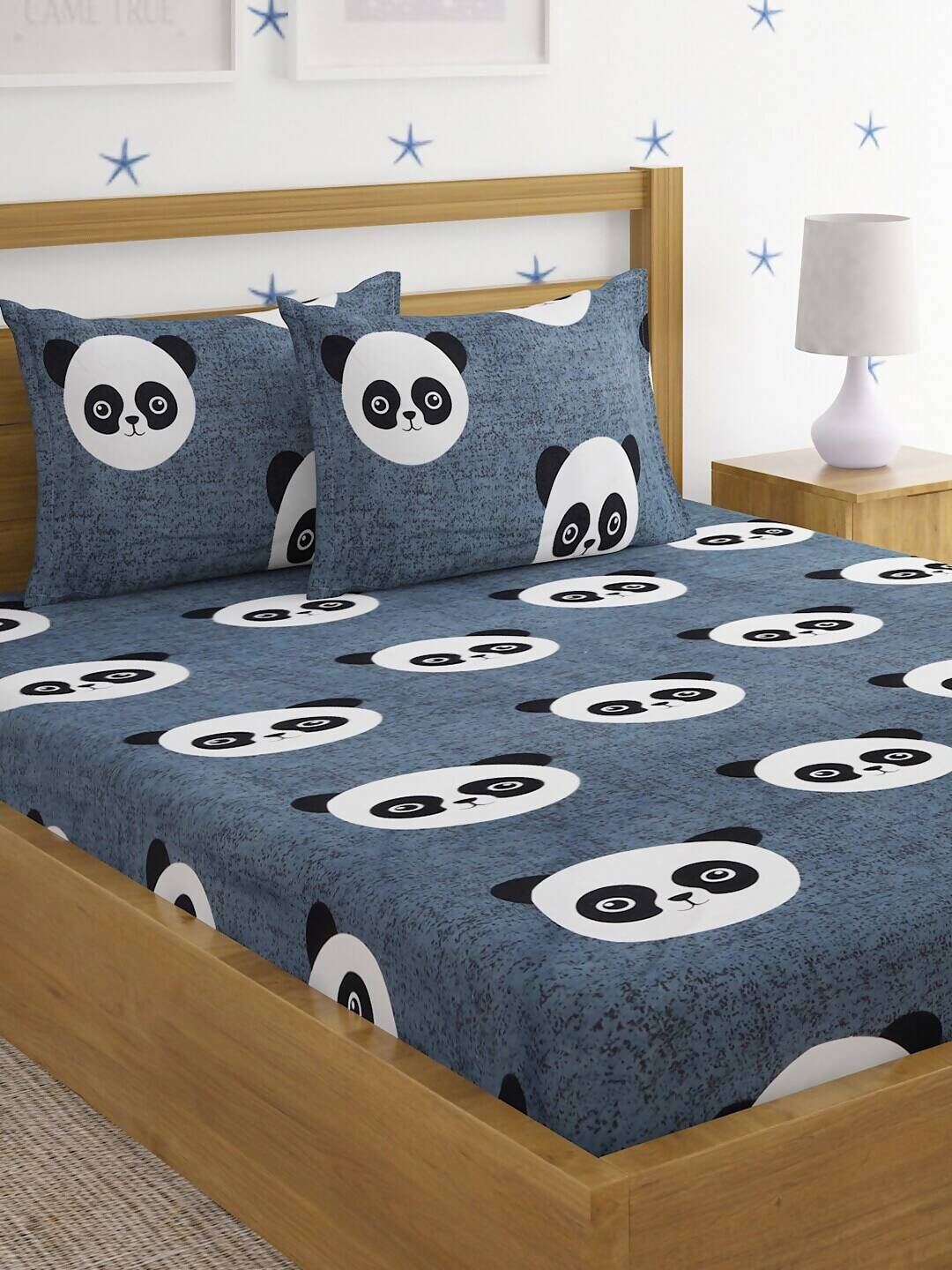 Home Sizzler Grey & White Panda 210 TC Bedsheet with Pillow Cover