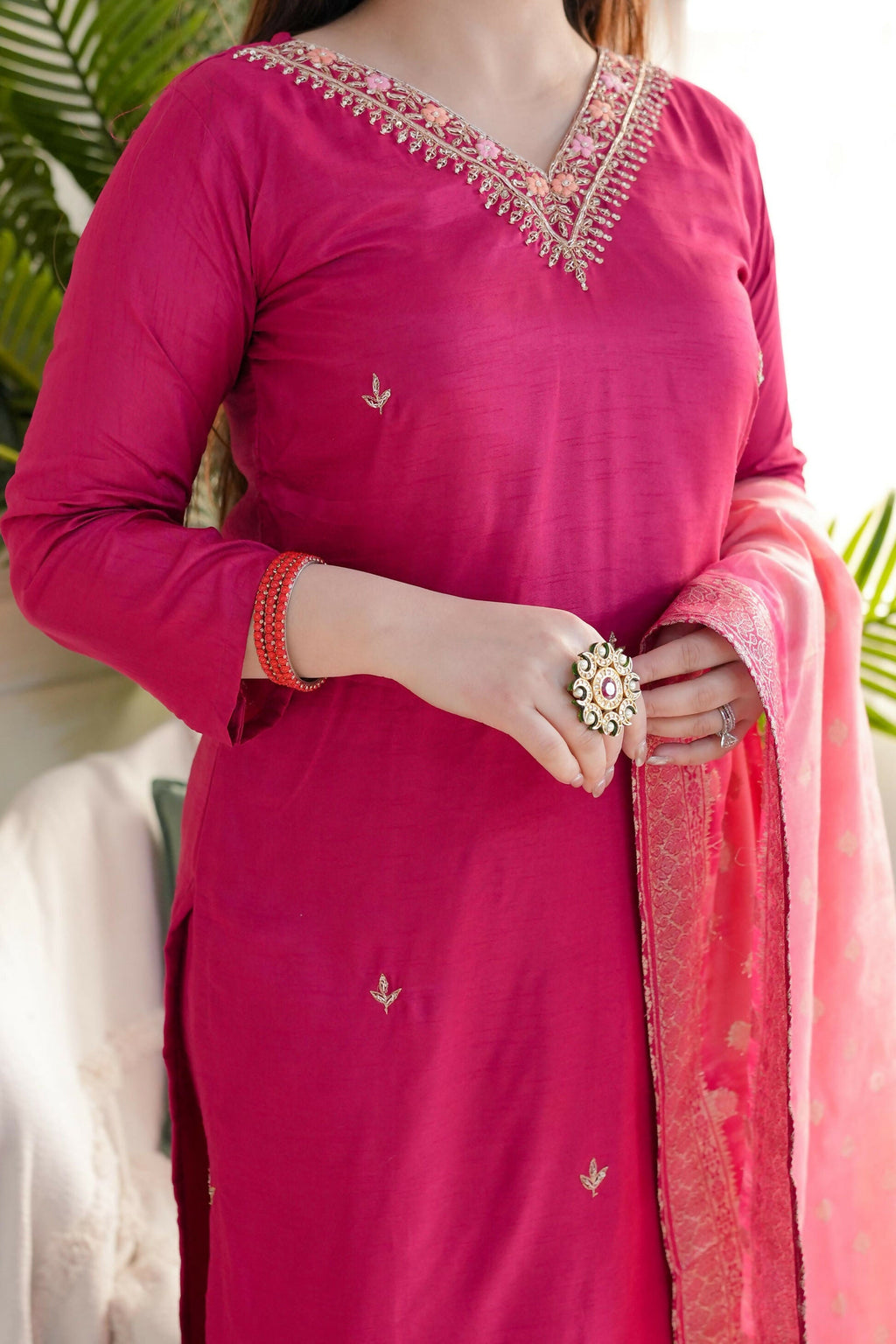 The52 Pink Women's Gorgeous Embroidered Vichitra Fabric Straight Kurta Pant with Dupatta Set