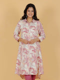 Aramya Pink Linen Cotton Foliage High Low Kurta for Women