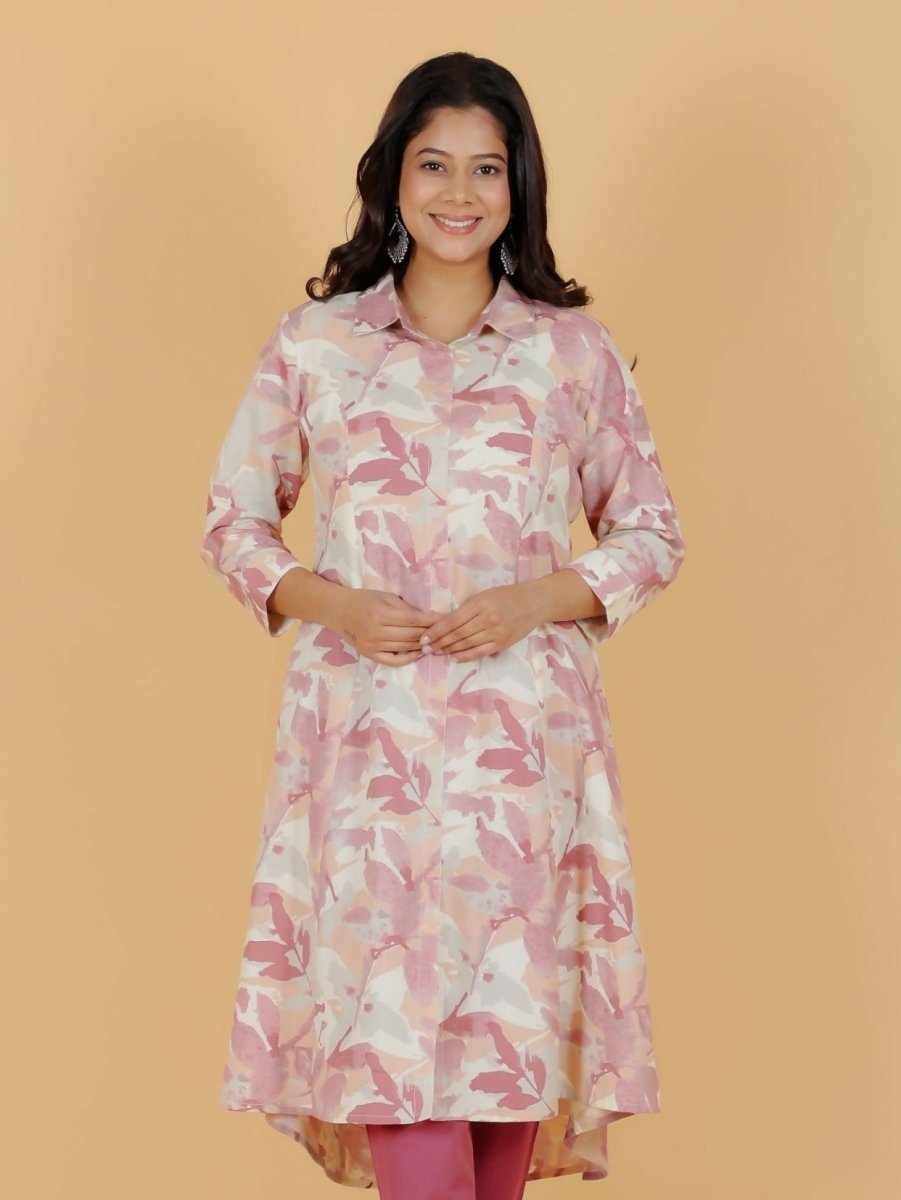 Aramya Pink Linen Cotton Foliage High Low Kurta for Women