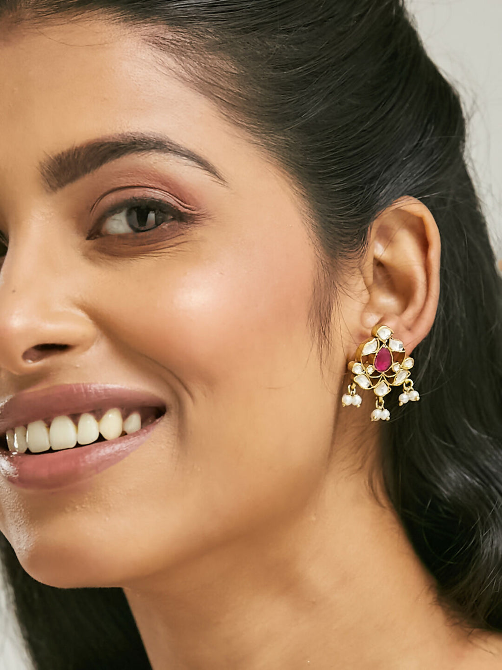 Nuyug 22K Gold-Plated Elegant Kundan & Ruby Stone Studded & Beaded Studs