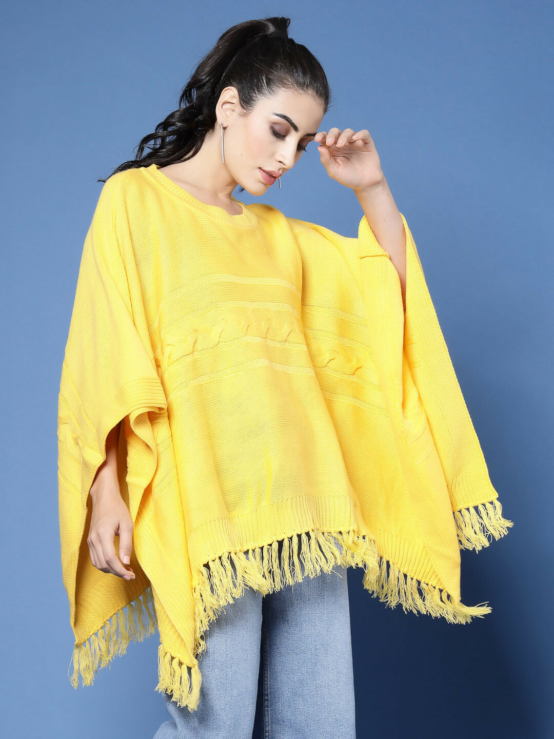 Women Yellow Acrylic Self Design Poncho - Wool Trees