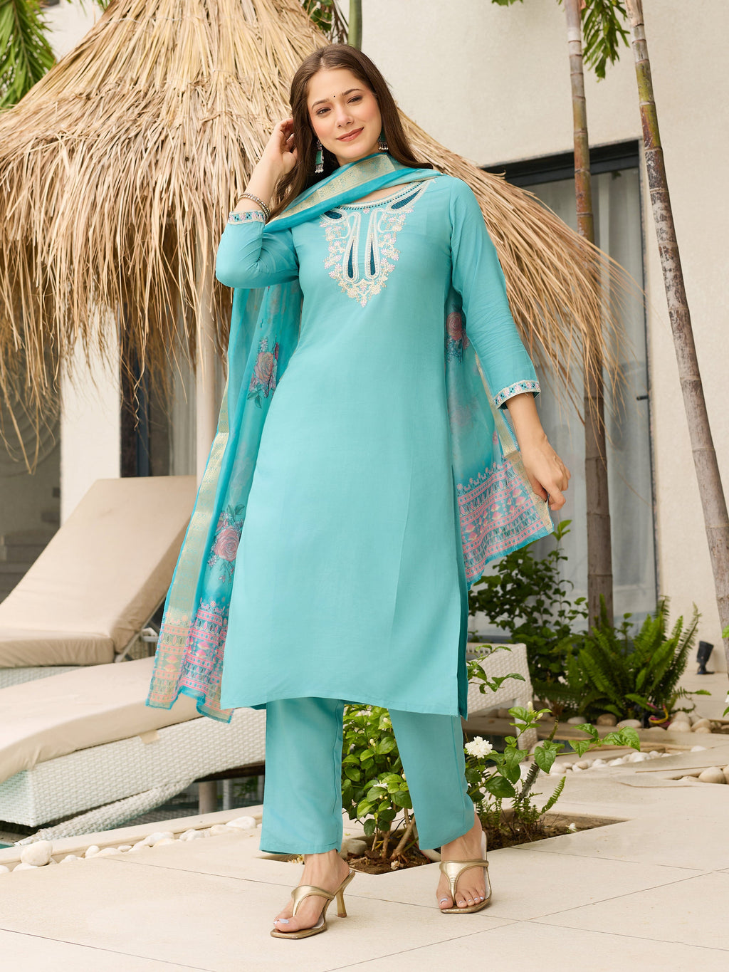 The52 Women's Viscose Embroidery work Straight Kurta with Pant and Dupatta Set