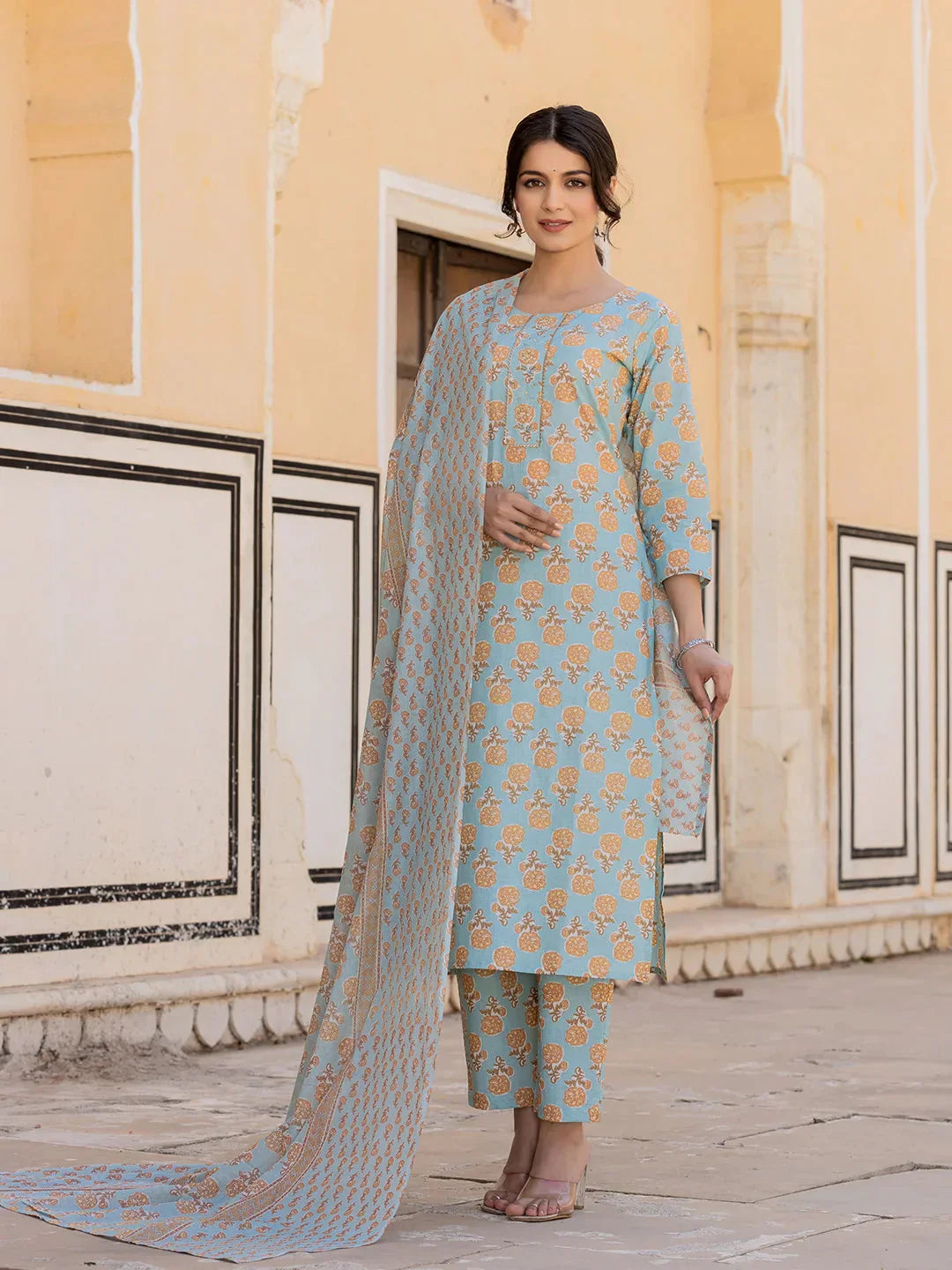 Yufta Sky Blue Floral Print Sequins_Work Straight Kurta Trouser And Dupatta Set