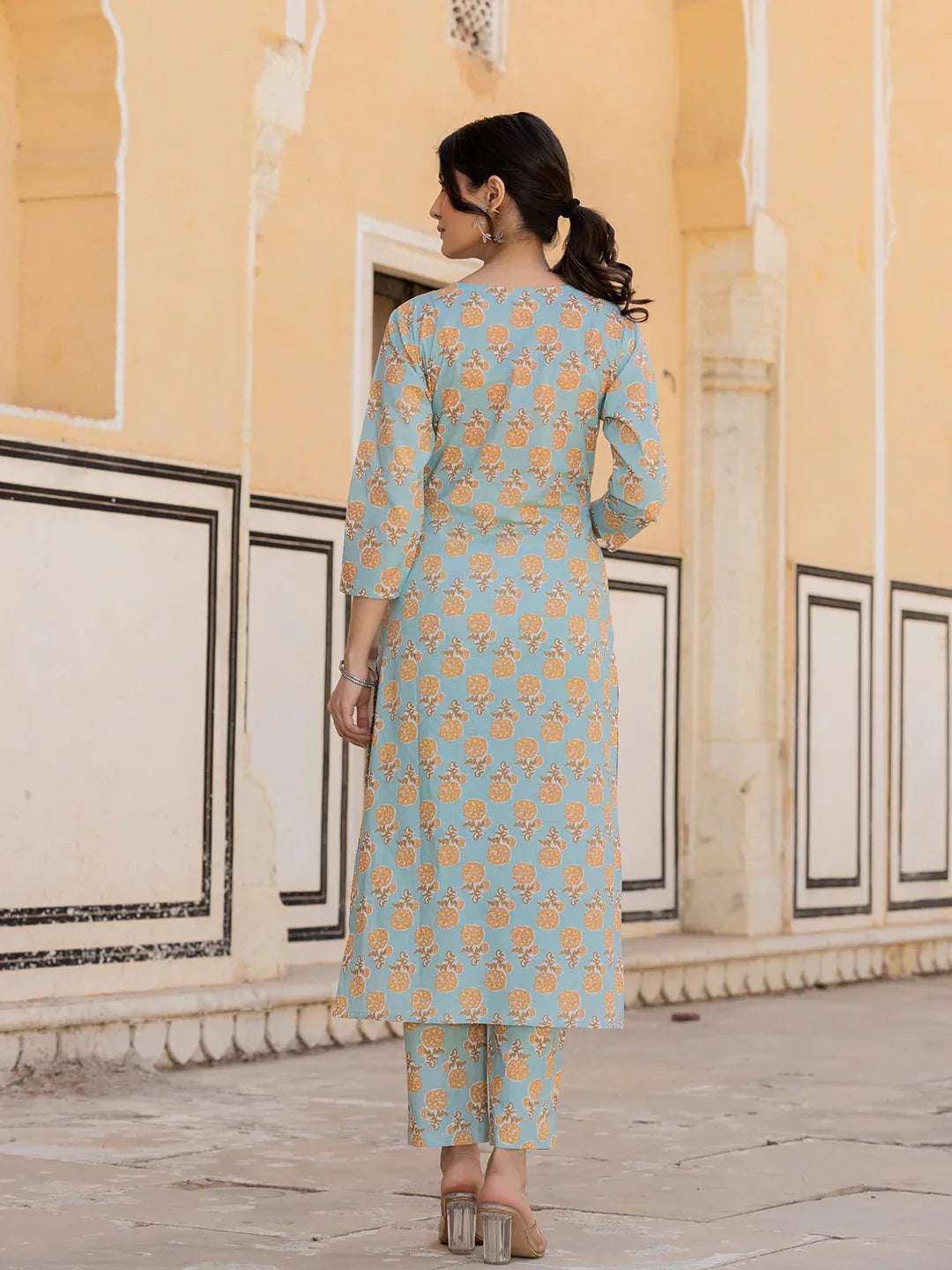 Yufta Sky Blue Floral Print Sequins_Work Straight Kurta Trouser And Dupatta Set