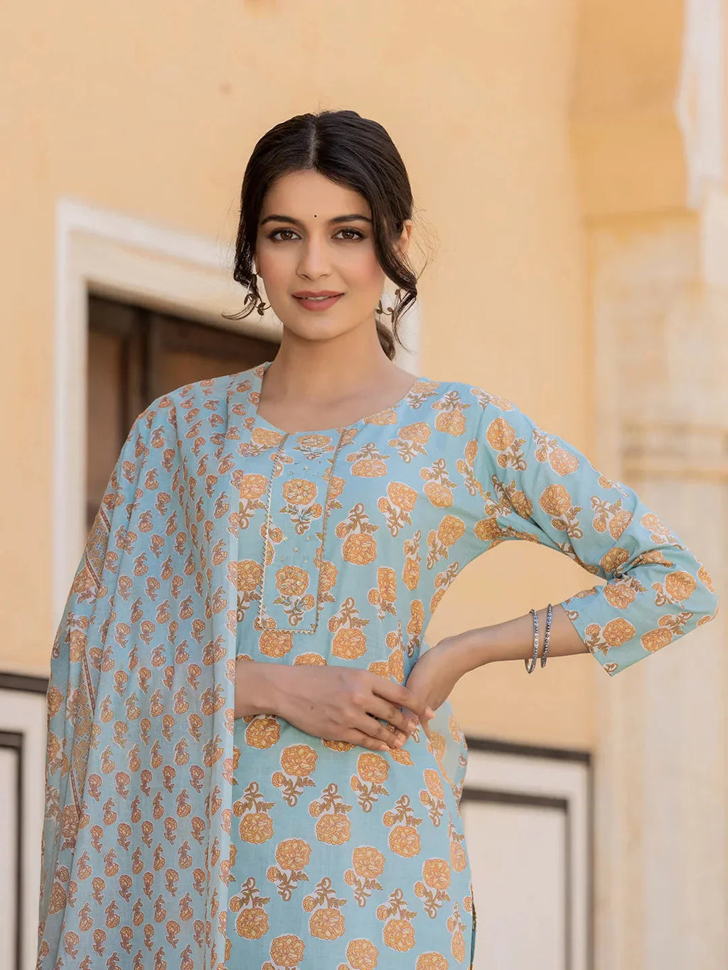 Yufta Sky Blue Floral Print Sequins_Work Straight Kurta Trouser And Dupatta Set