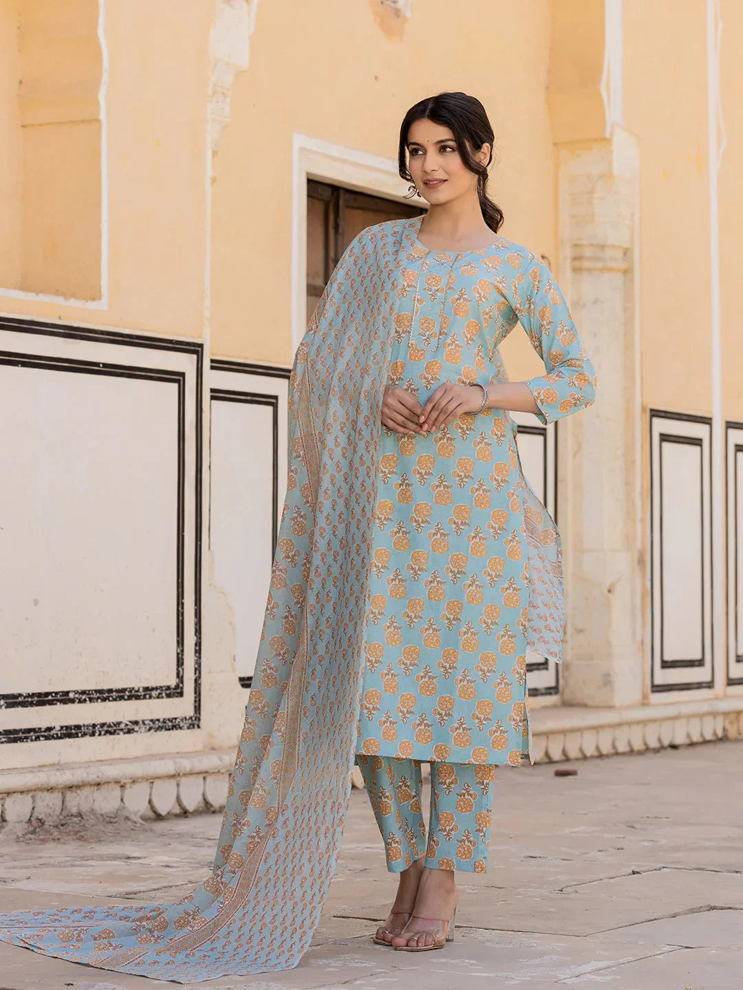Yufta Sky Blue Floral Print Sequins_Work Straight Kurta Trouser And Dupatta Set