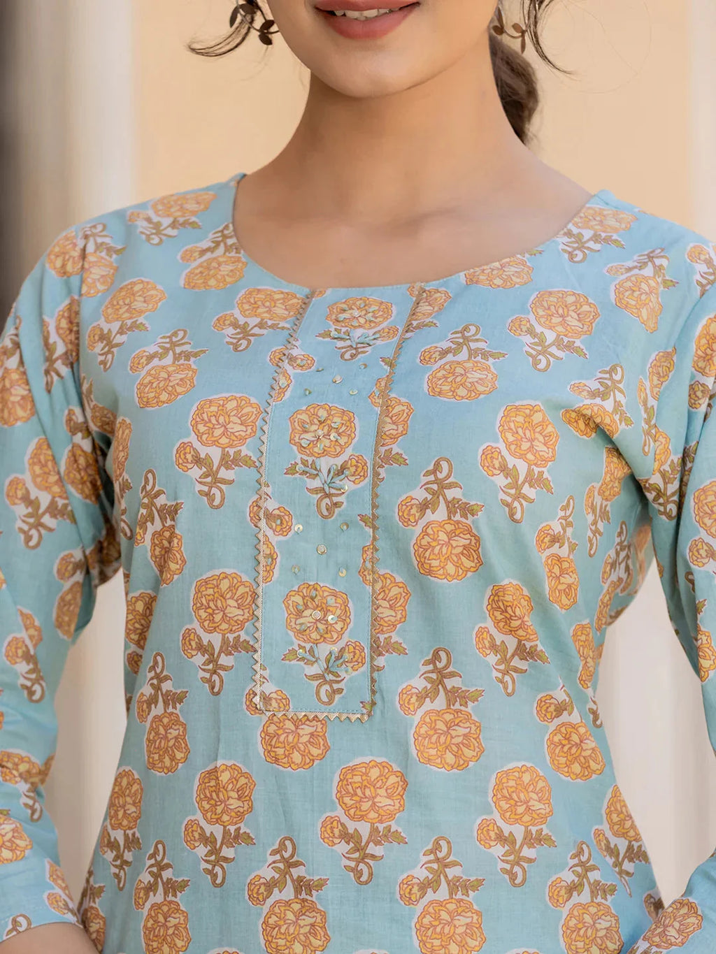 Yufta Sky Blue Floral Print Sequins_Work Straight Kurta Trouser And Dupatta Set