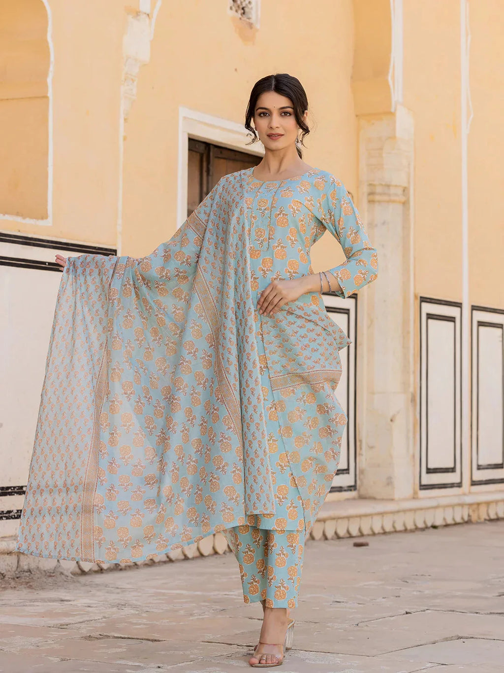 Yufta Sky Blue Floral Print Sequins_Work Straight Kurta Trouser And Dupatta Set