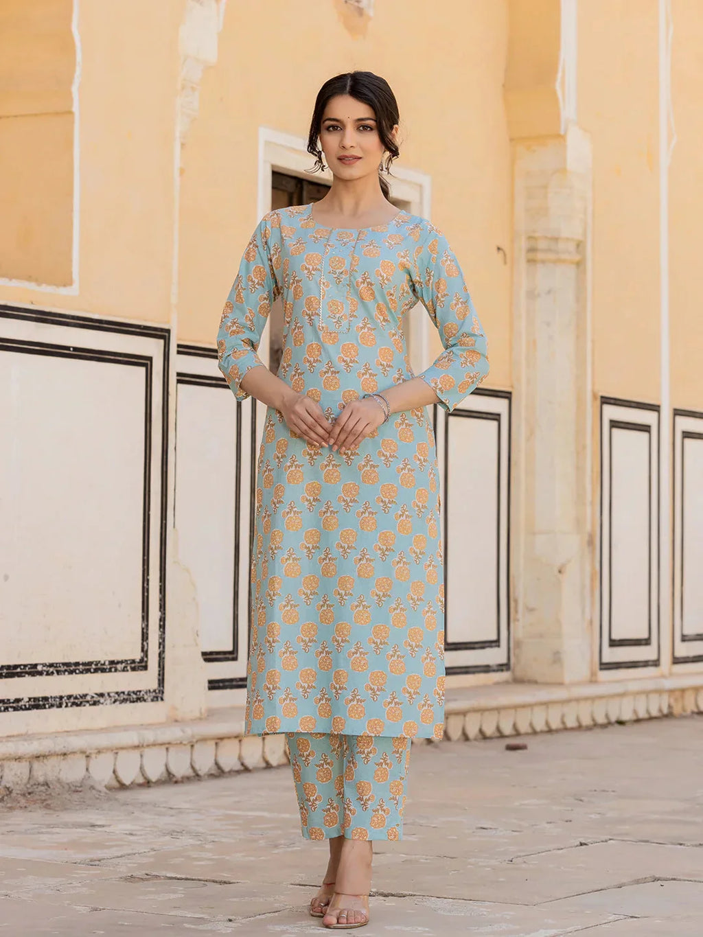 Yufta Sky Blue Floral Print Sequins_Work Straight Kurta Trouser And Dupatta Set