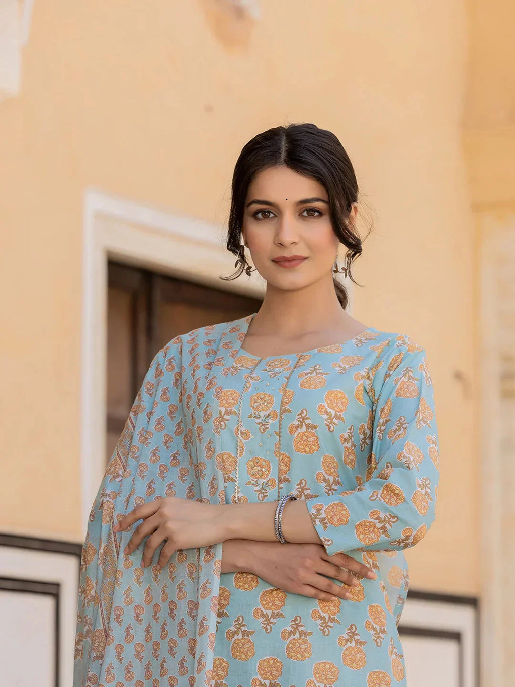 Yufta Sky Blue Floral Print Sequins_Work Straight Kurta Trouser And Dupatta Set
