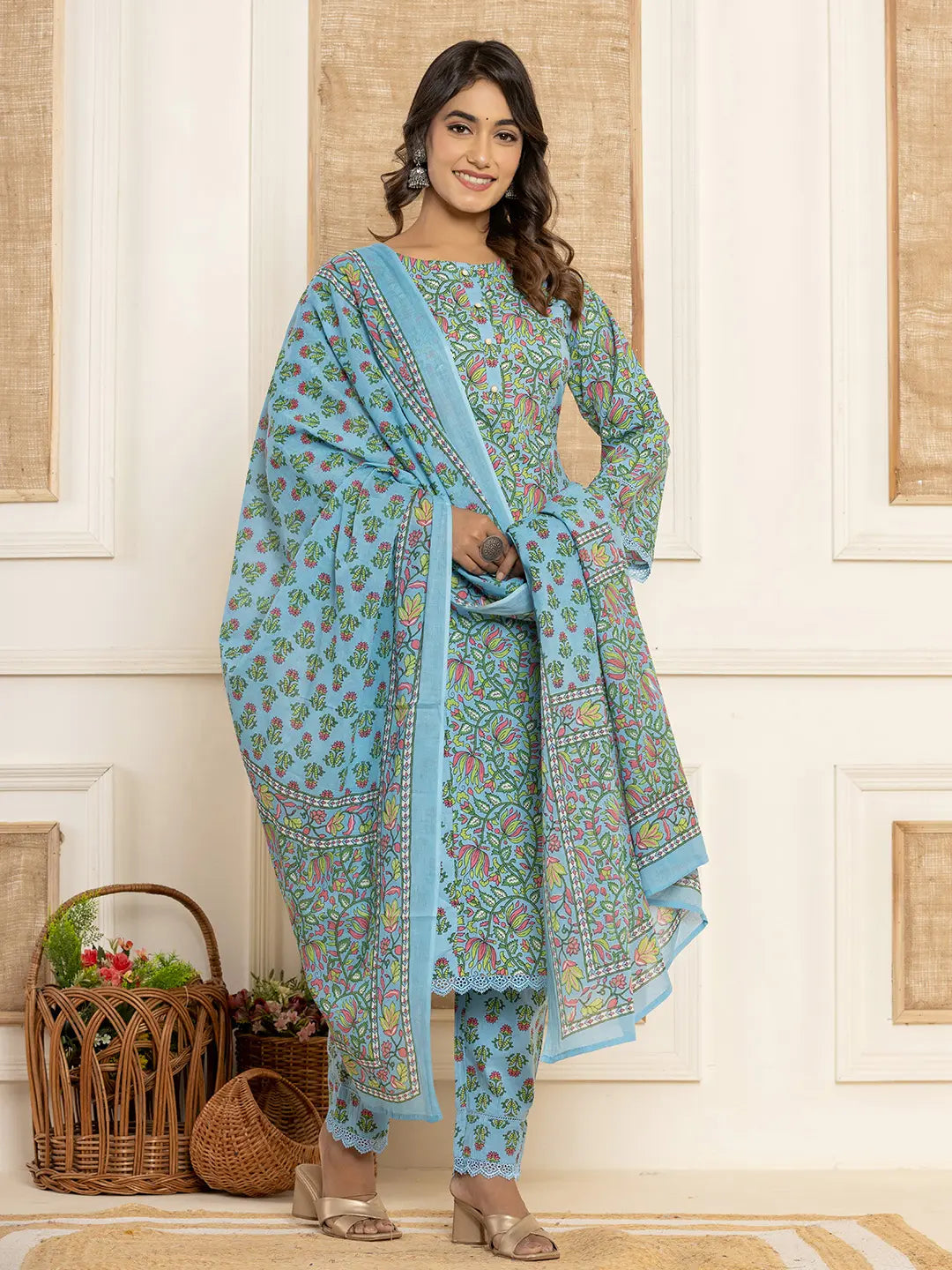 Yufta Sky Blue Leaf Print Cotton Pakistani Style Kurta And Trousers With Dupatta