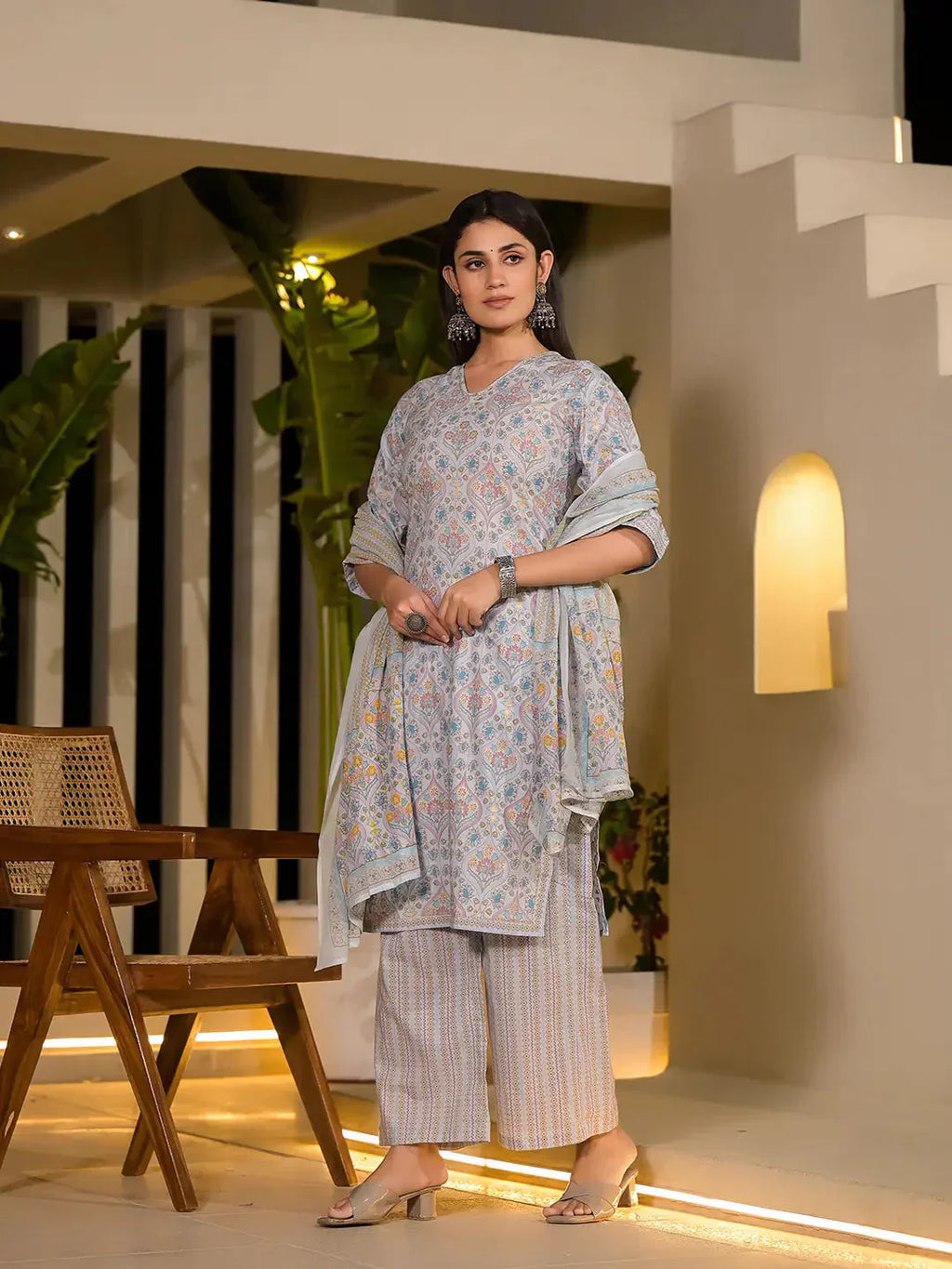 Yufta Sky Blue Pure Cotton Floral Print Straight Kurta With Palazzo And Dupatta Set