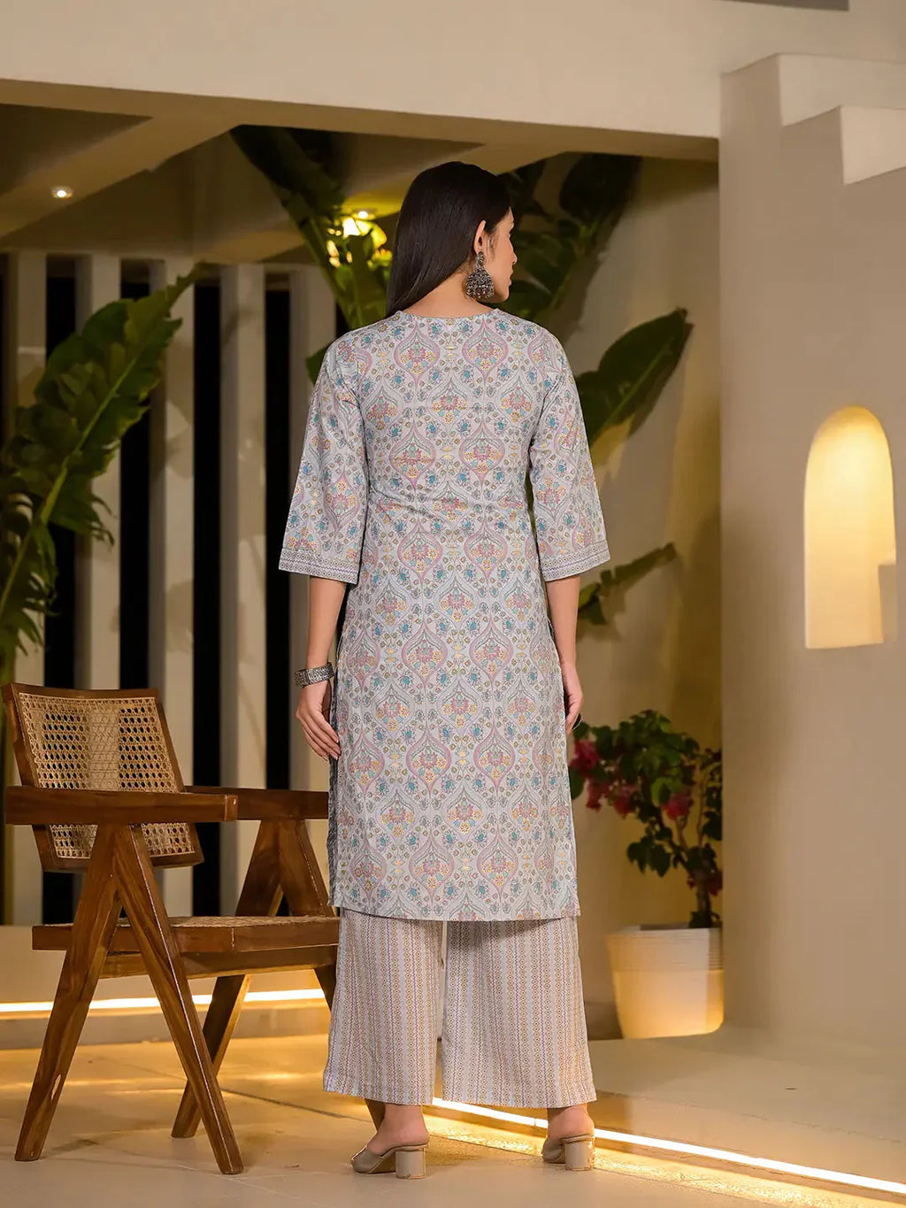 Yufta Sky Blue Pure Cotton Floral Print Straight Kurta With Palazzo And Dupatta Set