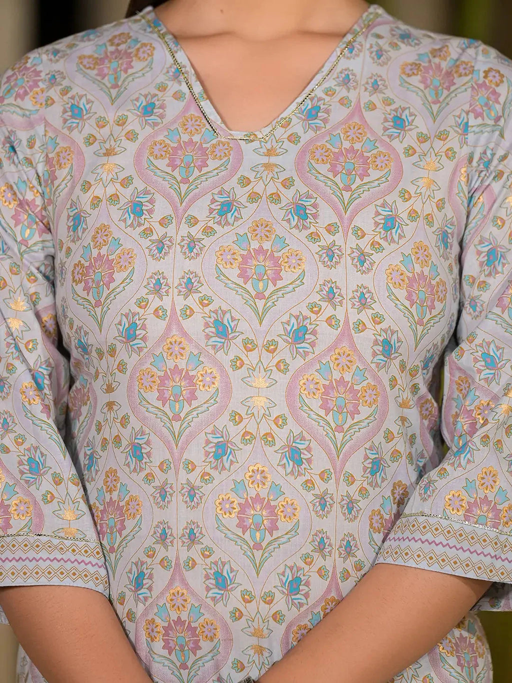 Yufta Sky Blue Pure Cotton Floral Print Straight Kurta With Palazzo And Dupatta Set