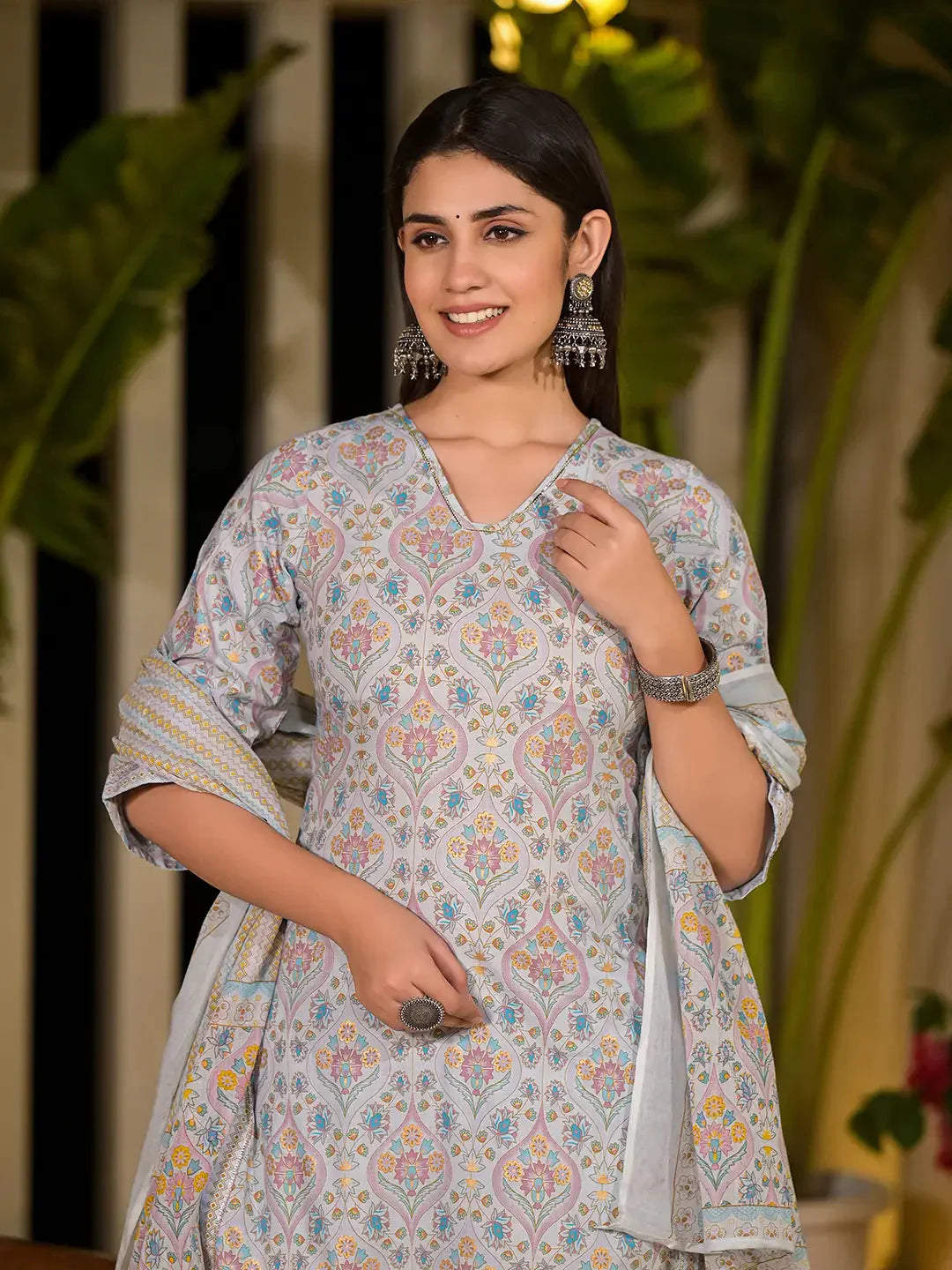 Yufta Sky Blue Pure Cotton Floral Print Straight Kurta With Palazzo And Dupatta Set