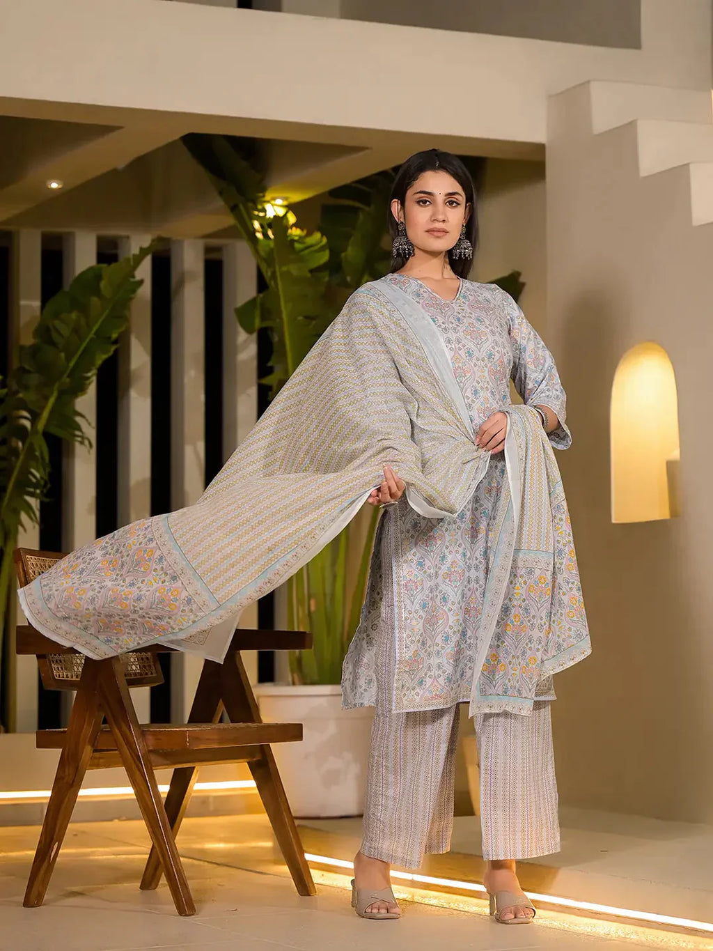 Yufta Sky Blue Pure Cotton Floral Print Straight Kurta With Palazzo And Dupatta Set