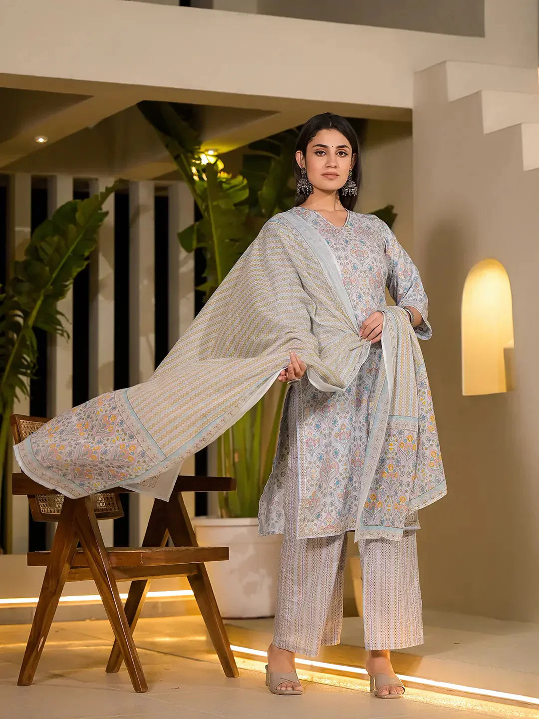 Yufta Sky Blue Pure Cotton Floral Print Straight Kurta With Palazzo And Dupatta Set