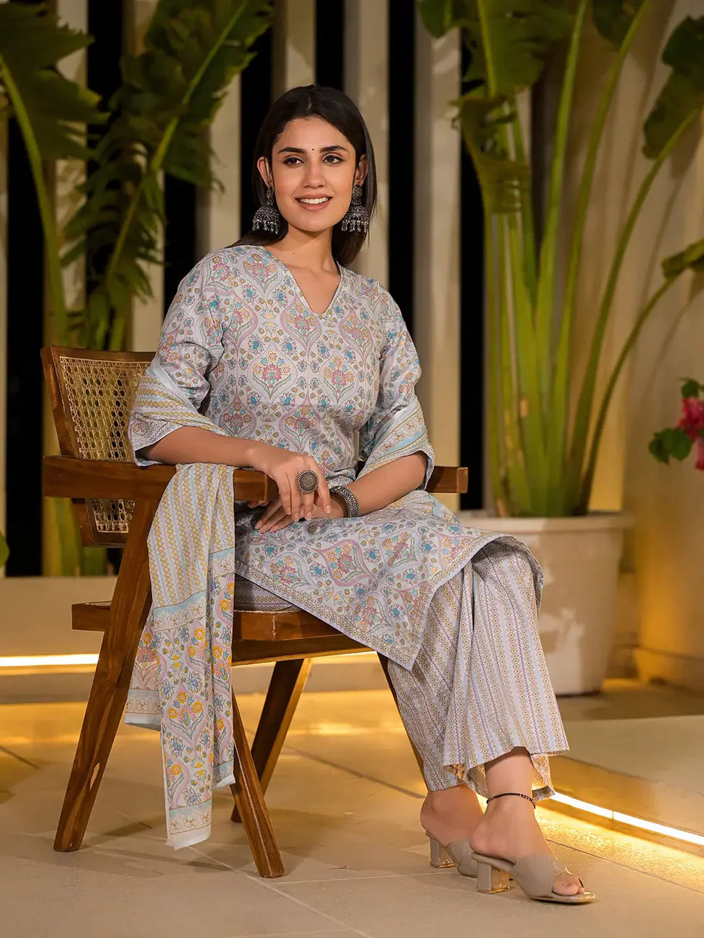 Yufta Sky Blue Pure Cotton Floral Print Straight Kurta With Palazzo And Dupatta Set