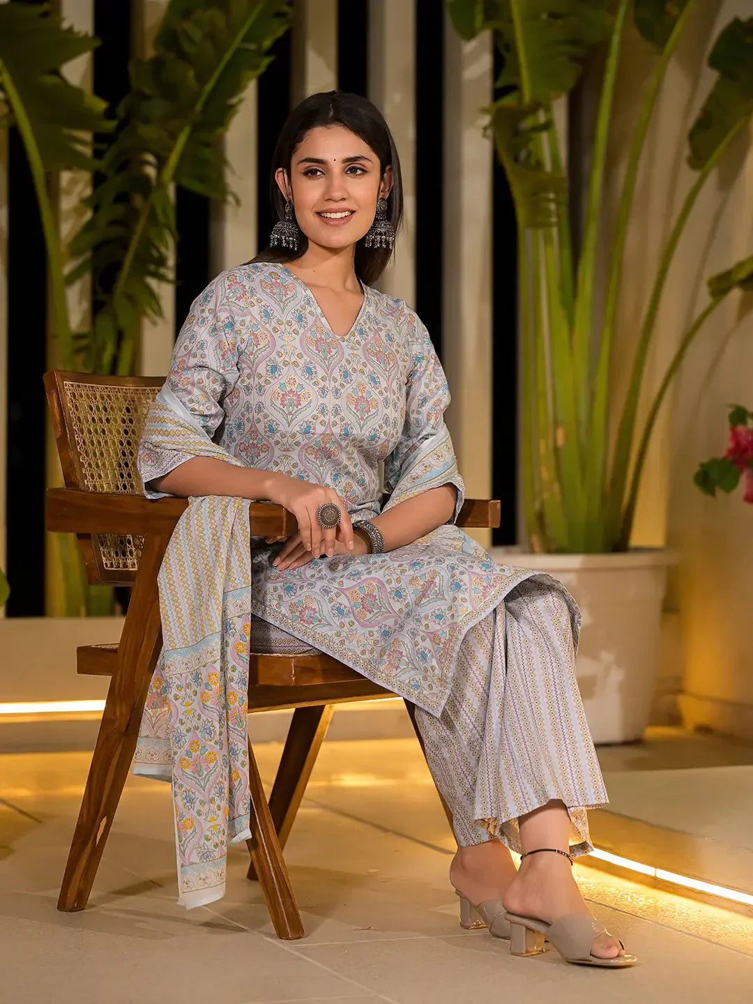 Yufta Sky Blue Pure Cotton Floral Print Straight Kurta With Palazzo And Dupatta Set
