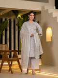 Yufta Sky Blue Pure Cotton Floral Print Straight Kurta With Palazzo And Dupatta Set