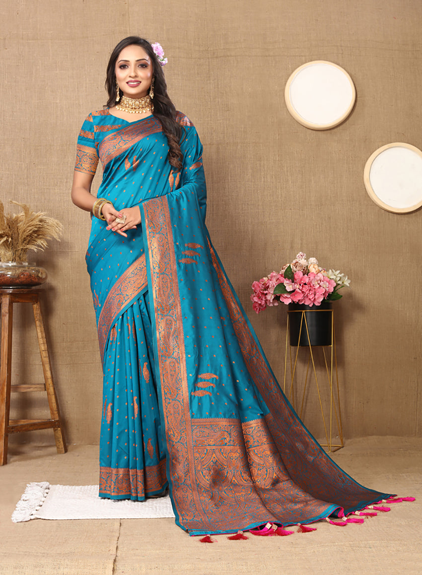 Lorenvalley Fashion Skyblue Soft Silk Copper Zari weaving Design Saree