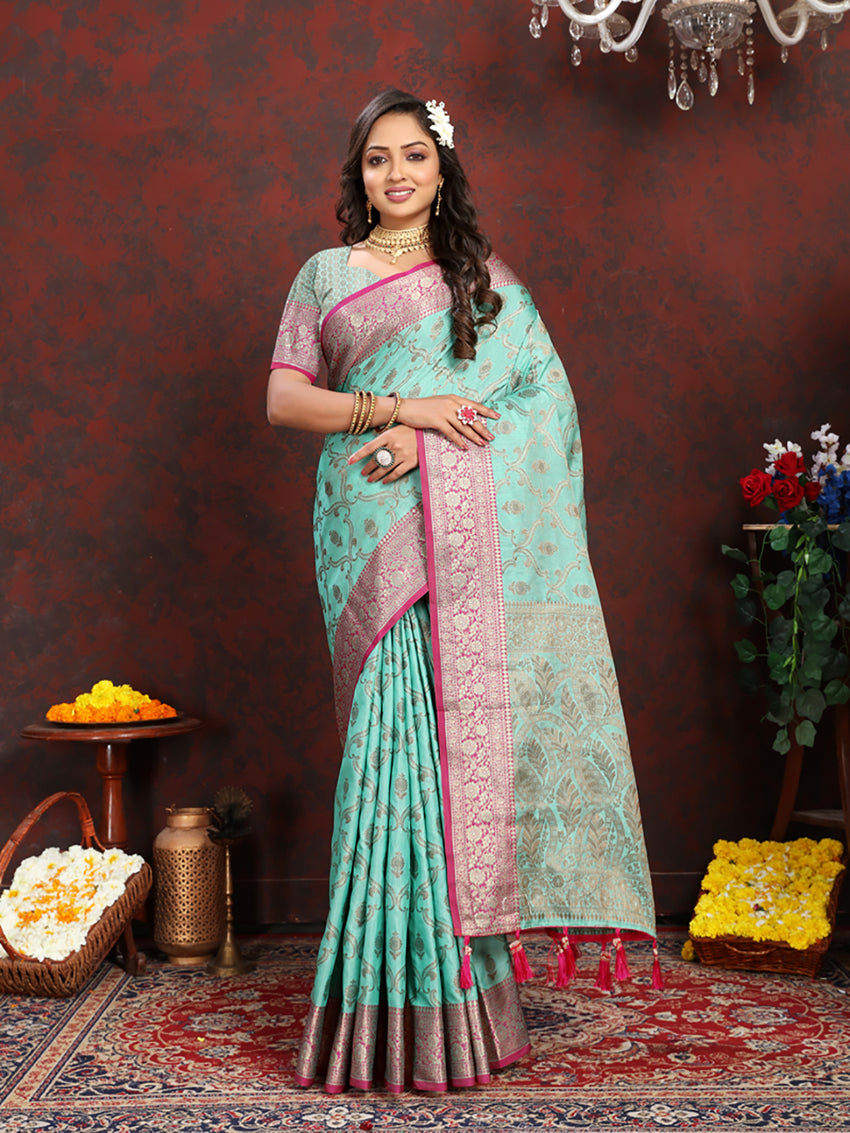 Lorenvalley Fashion Skyblue Soft Katan Silk Woven Design Rich Zari Weaving Pallu Saree