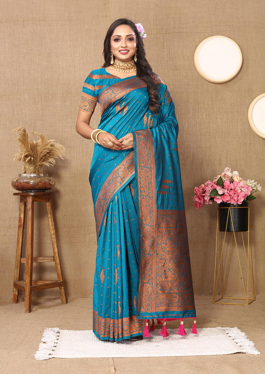 Lorenvalley Fashion Skyblue Soft Silk Copper Zari weaving Design Saree