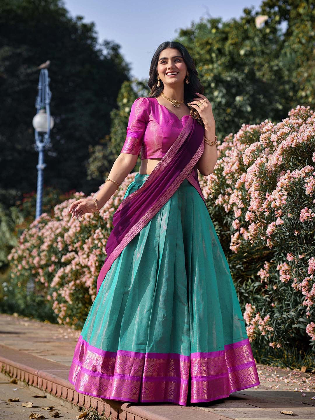 Lorenvalley Skyblue Kanchipuram Zari Weaving Work Lehenga Choli with Dupatta