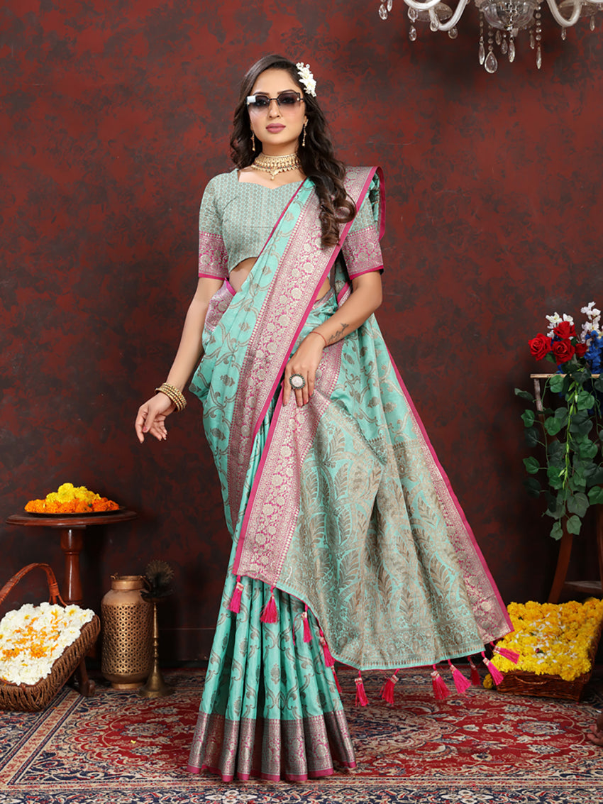 Lorenvalley Fashion Skyblue Soft Katan Silk Woven Design Rich Zari Weaving Pallu Saree
