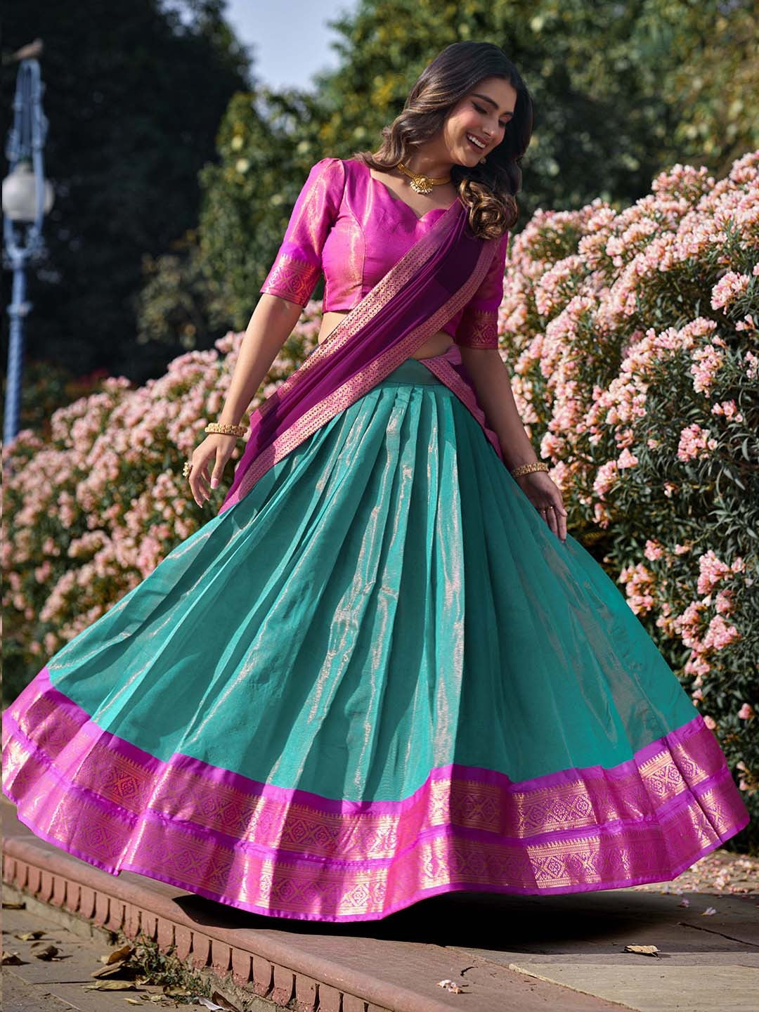 Lorenvalley Skyblue Kanchipuram Zari Weaving Work Lehenga Choli with Dupatta