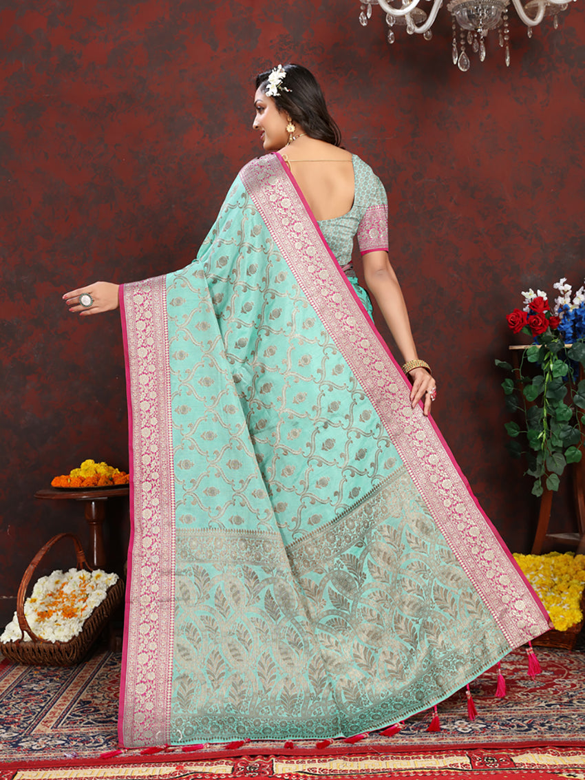 Lorenvalley Fashion Skyblue Soft Katan Silk Woven Design Rich Zari Weaving Pallu Saree