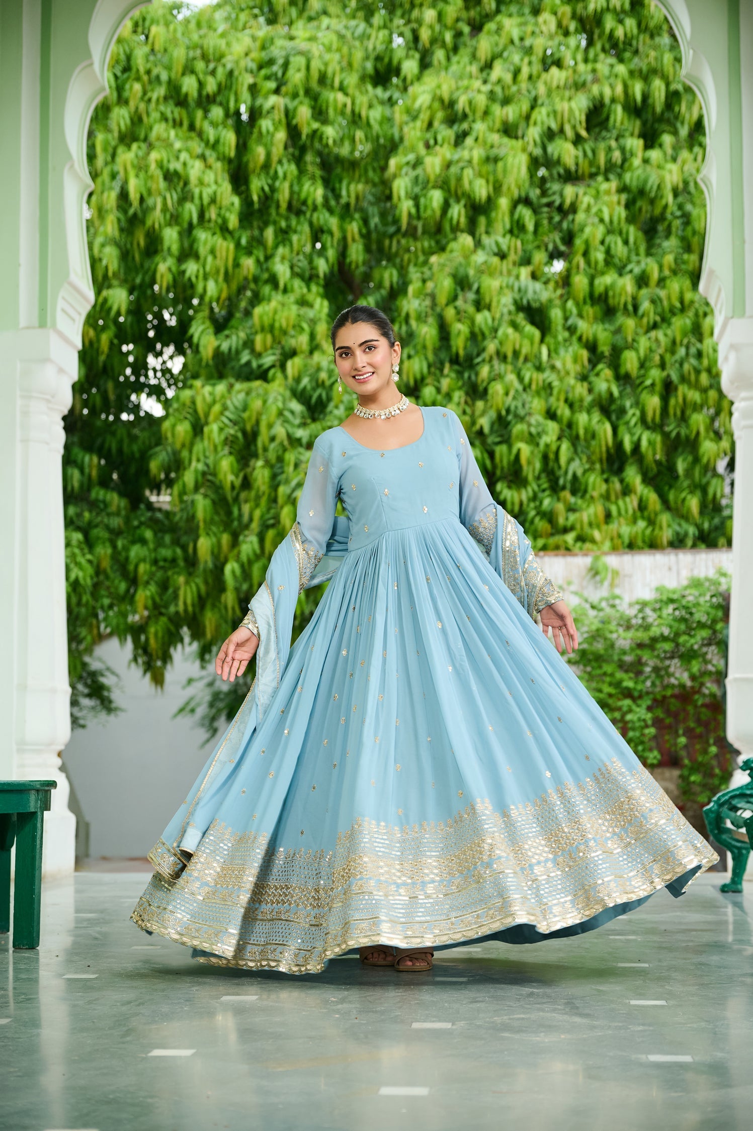 Lorenvalley Fashion Skyblue Faux Georgette with Embroidered work Anarkali Gown with Dupatta