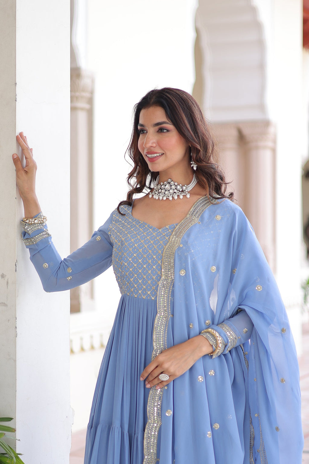 Lorenvalley Fashion Skyblue Faux Georgette with Zari & Sequins Embroidered Work Anarkali Gown with Dupatta